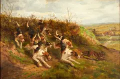 Arthur A. Davis, FOX PURSUED BY HOUNDS, oil on canvas