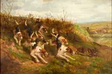 Arthur A. Davis, FOX PURSUED BY HOUNDS, oil on canvas