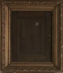 American, 20th Century, A Trompe L'oeil Door with a 1914 Washington Two-Cents Stamp and a Ruby Ring, Oil on canvas mounted to board, in associated giltwood frame