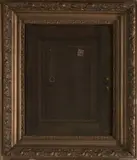 American, 20th Century, A Trompe L'oeil Door with a 1914 Washington Two-Cents Stamp and a Ruby Ring, Oil on canvas mounted to board, in associated giltwood frame
