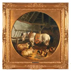Snr. John Frederick Herring, A Horse, Sheep, and Chickens in a Stable Interior, oil on canvas