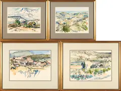 William Bartsch, Four Watercolors: Seillons Source d'Argens, Var; From the Hills Above St. Tropez; The Mairie, Seillons Source d'Argens, Var; Vineyards and Olive Groves, Seillons Source d'Argens, Var, watercolor and pastel on paper/board