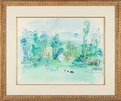 Roger Bertin, Landscape with Cows, watercolor and gouache on paper