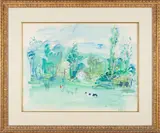 Roger Bertin, Landscape with Cows, watercolor and gouache on paper
