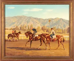 Milton Menasco, Thoroughbreds and Jockeys on a Desert Track, oil on canvas