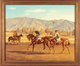 Milton Menasco, Thoroughbreds and Jockeys on a Desert Track, oil on canvas
