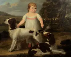 English School, A portrait of a boy in a landscape with his spaniels, oil on canvas