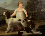 A portrait of a boy in a landscape with his spaniels by English School, oil on canvas, sold Oct 2024