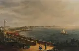 A coastal scene, with a military encampment on the headland by English School, oil on canvas, offered Oct 2024