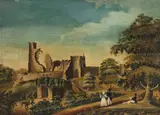 English Naïve School, Visiting the ruins, oil on panel