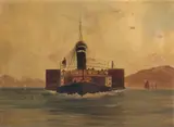 English Naïve School, A paddle steamer, oil on board