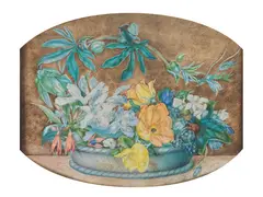 Continental School, Still life of a basket of flowers; and Still life of a bowl of flowers, watercolour and gouache on vellum, a pair, irregular shape