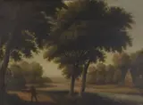 A figure shooting in a leafy glade by English School, oil on panel, sold Oct 2024