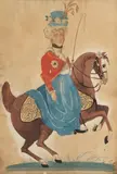 Prussian School, Ladies on horseback, a pair, pen, ink, watercolour and wash with gold heightening on laid paper