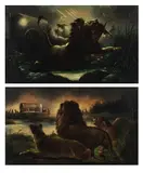 Lions in wait; The attack, a pair by William Spilsbury of Bristol, oil on canvas, sold Oct 2024