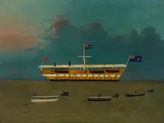 British Naïve School, The Water Police Station boat off the Bahamas, oil on canvas