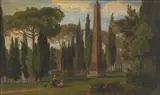 English School 19th century, The obelisk in the gardens of Villa Torlonia, Rome, with figures and a dog in the foreground, oil on canvas
