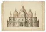A fanciful rendering of the elevation of St Peter's Basilica, Rome by Jean-François Albanis de Beaumont, pen and ink with grey and brown wash on laid paper, offered Jul 2024