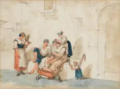 Bull running; men playing boules; young men listening to a Neapolitan singer; a group in conversation on a street by Bartolomeo Pinelli, a set of four, pencil and watercolour, offered Jul 2024