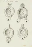 Pietro Antonio Novelli, Two pages of studies of portable Roman oil lamps; Studies of Roman bronze standard lamps; and studies of Roman writing implements, a set of four, pen and ink on laid paper