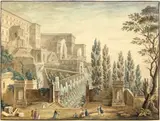 Figures in the gardens of the Villa d'Este, Tivoli by Charles-Louis Clérisseau, pen, grey ink and watercolour heightened with white on laid card, offered Jul 2024