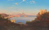 Friedrich Nerly, View of Naples from Posillipo with Mount Vesuvius in the distance, oil on cigar-box lid