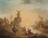 Dutch School, Figures along a path near a river with a windmill in the background, oil on canvas