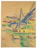 Max Pechstein, Brücke (Angler unter der Brücke), 1913, Aquarell über Bleistift auf bräunlichem Papier