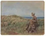 Max Liebermann, Schafhirtin und kleines Mädchen auf der Düne, Um 1887, Pastell und Kohle auf Pappe