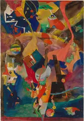 Rudolf Schlichter, Landschaft mit Fabelwesen und Figurine, Um 1916, Aquarell, Gouache, Gold- und Silberbronze und Aquarellfirnis auf Papier, auf grauem Papier montiert