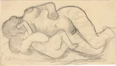 Paula Modersohn-Becker, Liegender weiblicher Akt mit Säugling im Arm, 1906, Kohle auf Bütten (Wasserzeichen: PM)