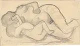 Paula Modersohn-Becker, Liegender weiblicher Akt mit Säugling im Arm, 1906, Kohle auf Bütten (Wasserzeichen: PM)