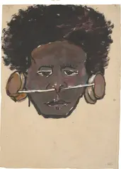 Junger Mann aus Papua-Neuguinea mit Ohr- und Nasenschmuck by Emil Nolde, 1914, Aquarell, Deckweiß und Tuschpinsel auf Japan, sold Nov 2025