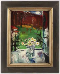 Josef Jira, Daisies on a Windowsill, 1960s, oil on hardboard