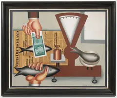 Hans Ticha, Fishmonger'S, 1971-1972, oil on cardboard with collage