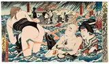 Masami Teraoka, Kunisada Eclipsed (from Hawaii Snorkel Series), 1993, Color woodcut, etching and aquatint, and ink on handmade Fuji paper