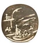 Pablo Picasso, Beach Scene, 1956, Convex wall plaque of white earthenware clay, engraving accentuated with glaze, black patinated ground