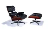 Charles and Ray Eames, Lounge chair and ottoman (2), Laminated rosewood, black leather upholstery, polished and enameled aluminum