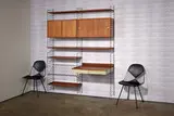 Nisse & Kaysa Strinning, String Ladder shelf system, 1949, Walnut, painted wood, brass, enameled steel wire
