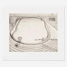 Dark Reservoir by Wayne Thiebaud, 2014, direct gravure with aquatint and drypoint printed on gampi paper chine collé, sold Feb 2022