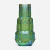 Alexander Joseph von Steuben, Tall Debut acid cut-back stepped vase, c. 1925, acid-etched Pomona Jade and Blue Aurene glass