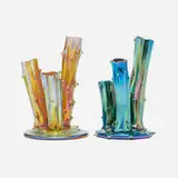Tree Trunk bud vases, set of two by Alexander Joseph von Steuben, c. 1920, hand-blown Aurene glass, sold Aug 2024