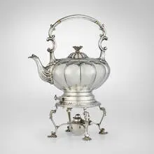 Kettle on stand by Barker Brothers Silver Ltd., silver, sold Aug 2024