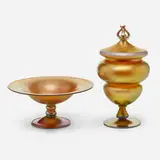 Covered urn and compote by Alexander Joseph von Steuben, c. 1910, hand-blown Aurene glass, sold Aug 2024