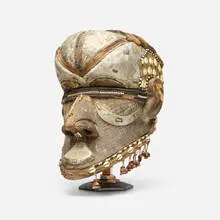 Bushongo, Bwoom (helmet mask), c. 1900, wood, fabric, suede leather, beads, aluminum, shells