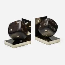 Contemporary, Inlaid dice bookends, c. 2000, nickel, rosewood