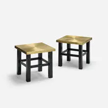 Lova Creation, occasional tables, pair, c. 1980, etched brass, enameled steel