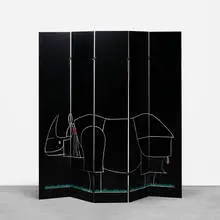 François-Xavier Lalanne and Kazuhide Takahama, Rhinoceros screen (from Ultramobile series), 1976, lacquered wood, rubber, serigraph print