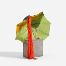 Untitled by Jessica Stockholder, 1994, cement, aluminum, iron, nylon, wool, velvet, plastic, sold Sep 2015