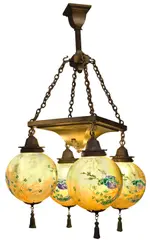 Handel Company, Four-Globe Chandelier, blown and decorated glass, brass, painted with parrot motifs, each of the shades with an ink stencil 'HANDEL', armature stamped 'HANDEL'